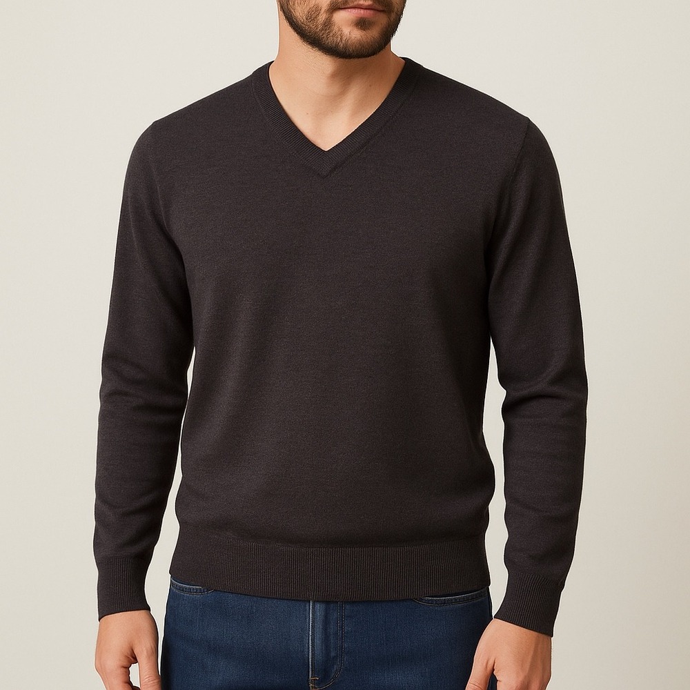 NORDSTROM Men's Brown 100% Extra Fine Merino Wool Sweater Large‎ V-Neck Stretch